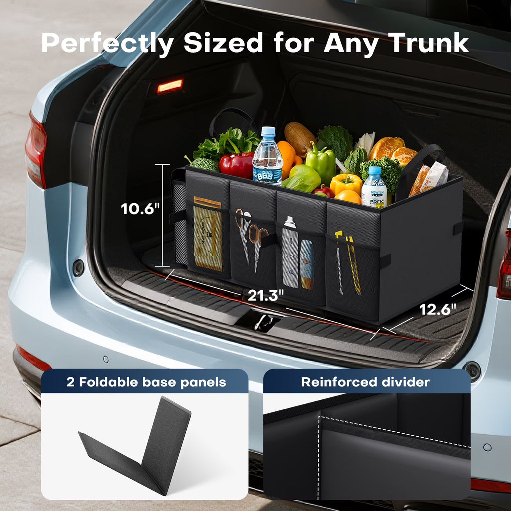 Trunk Organizer for Car and SUV - Large-Capacity Car Organizer with Multiple Compartments, Foldable Car Organization for Car Accessories, Tools, Sundries, Black