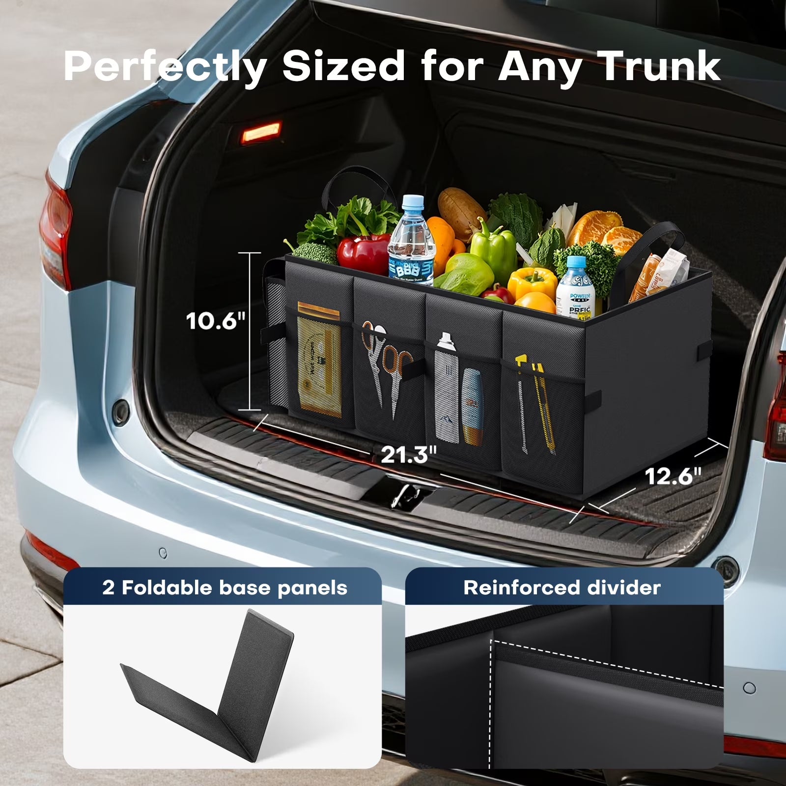Trunk Organizer for Car and SUV - Large-Capacity Car Organizer with Multiple Compartments, Foldable Car Organization for Car Accessories, Tools, Sundries, Black