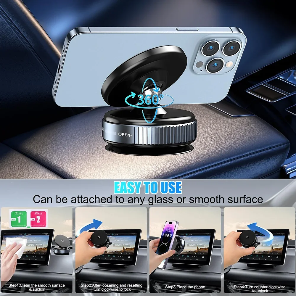 Magnetic Car Phone Mount – 360° Adjustable Vacuum Suction Holder