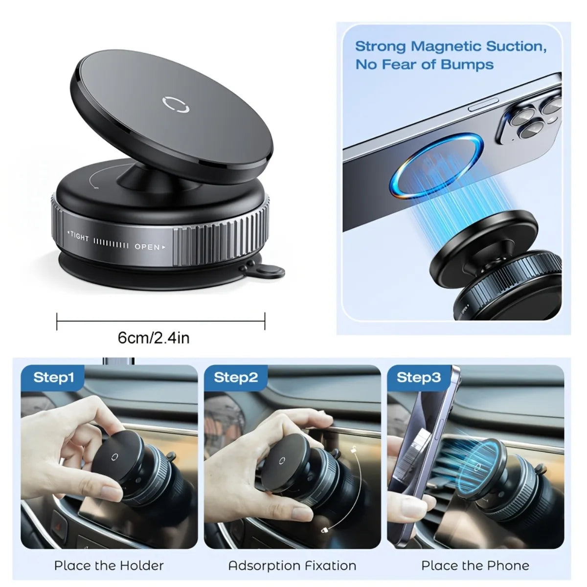Magnetic Car Phone Mount – 360° Adjustable Vacuum Suction Holder
